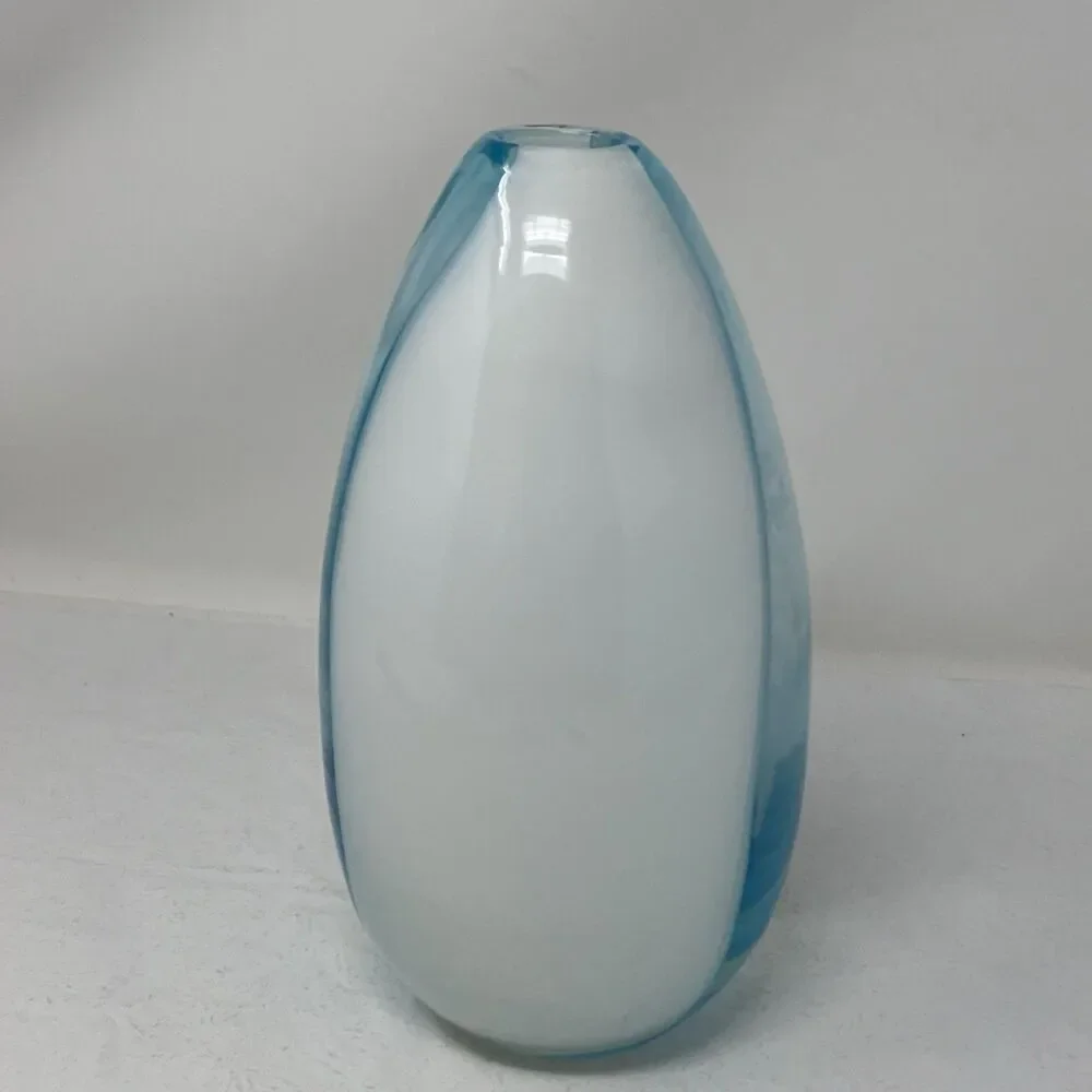 Vintage Hand Blown Translucent Blue And White Striped Art Glass Vase 8.5